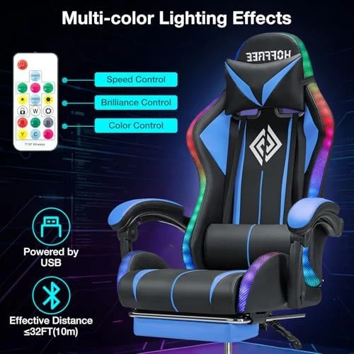 Gaming Chair with LED RGB Lights with Massage and Footrest — Smart Chairs, HOFFREE