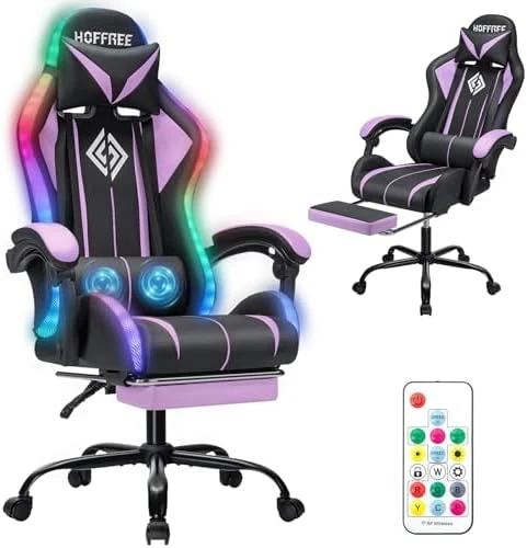 Gaming Chair with LED RGB Lights with Massage and Footrest — Smart Chairs, HOFFREE