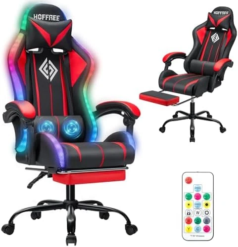Gaming Chair with LED RGB Lights with Massage and Footrest — Smart Chairs, HOFFREE