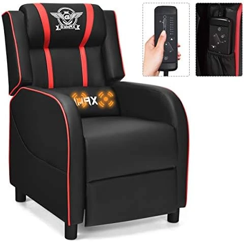 Gaming Recliner with Massage, Adjustable Footrest & Side Pocket — Massage Chairs, GYMAX