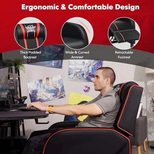 Gaming Recliner with Massage, Adjustable Footrest & Side Pocket — Massage Chairs, GYMAX