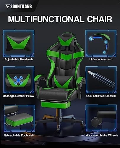 Green Gaming Chair with Footrest — Smart Chairs, Soontrans
