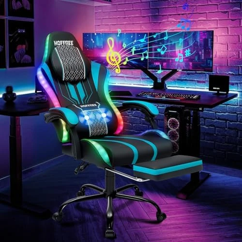 LED Gaming Chair with Speakers Massage Big and Tall Computer Chair with RGB Lights Bluetooth Game Chair with Footrest — Smart Chairs, HOFFREE