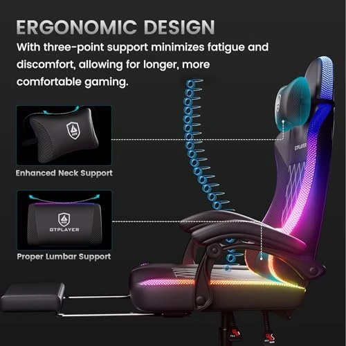 RGB Gaming Chair with Footrest, Massage, LED Lights, Lumbar Support — Smart Chairs, GTPLAYER