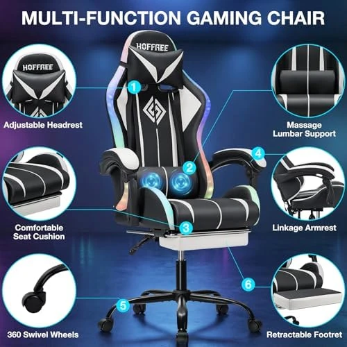 RGB Gaming Chair with LED Lights, Massage, and Footrest — Smart Chairs, VANSPACE