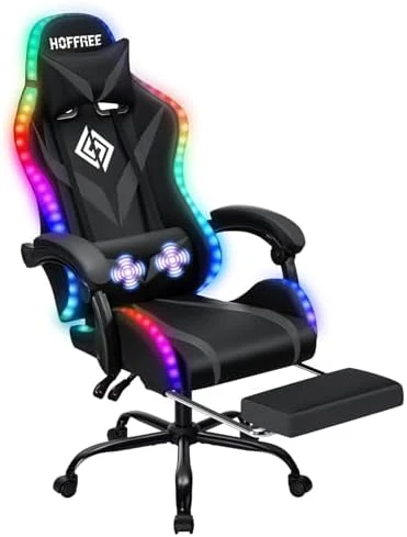 RGB Gaming Chair with Massage and LED Lights Ergonomic Video Game Chairs with Footrest High Back Reclining Computer... — Massage Chairs, VANSPACE