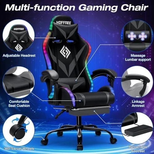 RGB Gaming Chair with Massage and LED Lights Ergonomic Video Game Chairs with Footrest High Back Reclining Computer... — Massage Chairs, VANSPACE