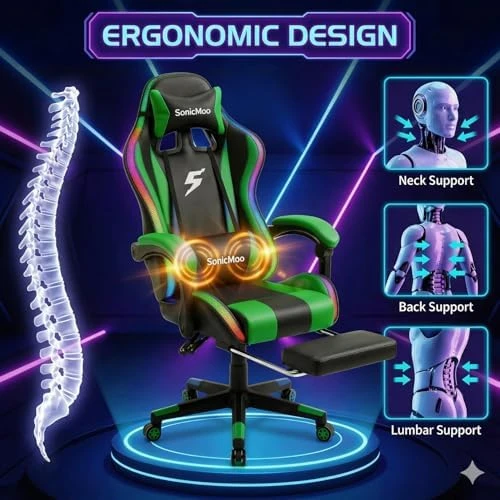 Gaming Chair with RGB LED Lights, Footrest, Lumbar Support & Headrest — Smart Chairs, Yardlift