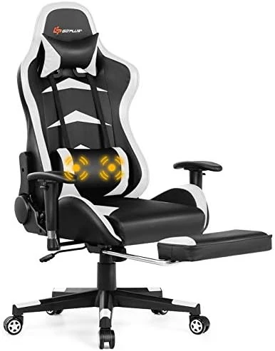 Massage Gaming Chair with Reclining Backrest, Adjustable Handrails and Seat Height, Ergonomic PU Leather Swivel PC Game... — Massage Chairs, Goplus