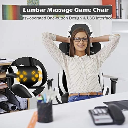 Massage Gaming Chair with Reclining Backrest, Adjustable Handrails and Seat Height, Ergonomic PU Leather Swivel PC Game... — Massage Chairs, Goplus