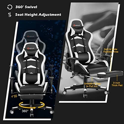 Massage Gaming Chair with Reclining Backrest, Adjustable Handrails and Seat Height, Ergonomic PU Leather Swivel PC Game... — Massage Chairs, Goplus
