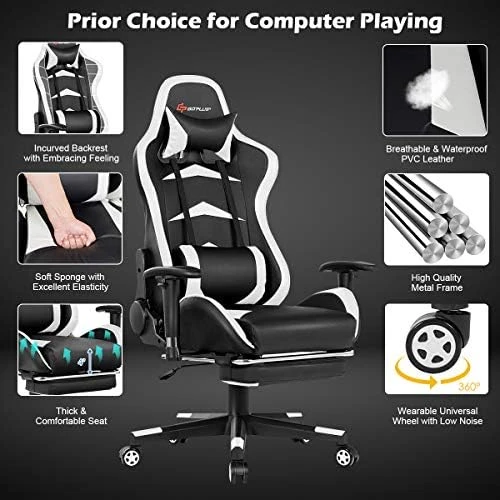 Massage Gaming Chair with Reclining Backrest, Adjustable Handrails and Seat Height, Ergonomic PU Leather Swivel PC Game... — Massage Chairs, Goplus