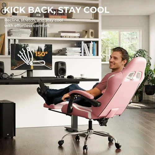 Pink Gaming Chair with Footrest and Massage Lumbar Support — Smart Chairs, Dowinx