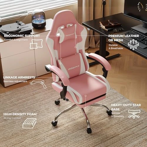 Pink Gaming Chair with Footrest and Massage Lumbar Support — Smart Chairs, Dowinx