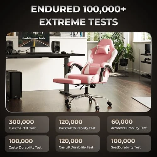 Pink Gaming Chair with Footrest and Massage Lumbar Support — Smart Chairs, Dowinx