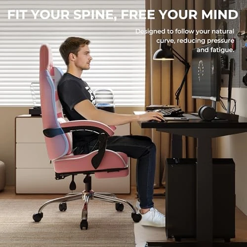 Pink Gaming Chair with Footrest and Massage Lumbar Support — Smart Chairs, Dowinx