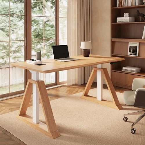 60 x 30 Inch Oak Executive Standing Desk, Dual Motor Electric Height Adjustable Desk — Standing Desk, FLEXISPOT