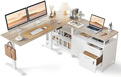 66 Inch L Shaped Standing Desk with Drawers & Shelves — Standing Desk, FEZIBO