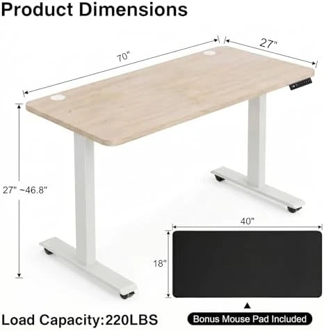 Electric Standing Desk 70 x 27 Inches Adjustable Height — Standing Desk, KORGOL