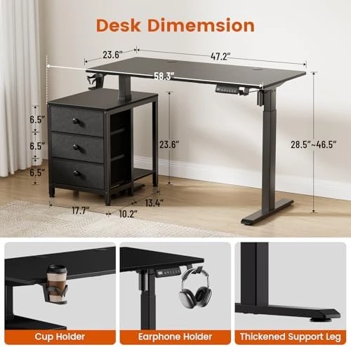 Electric Standing Desk with Drawers, 47 x 24 Inches, Height Adjustable — Standing Desk, REAHOME