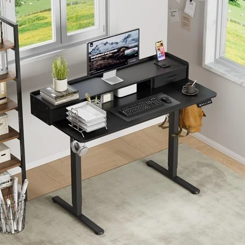 Electric Standing Desk with Drawers and Storage Shelf — Standing Desk, Furmax