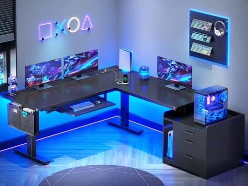 L Shaped Electric Standing Desk with File Cabinet — Standing Desk, SEDETA