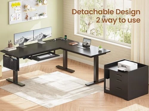 L Shaped Electric Standing Desk with File Cabinet — Standing Desk, SEDETA