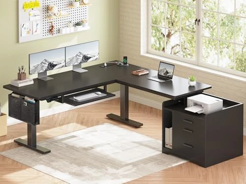 L Shaped Electric Standing Desk with File Cabinet — Standing Desk, SEDETA