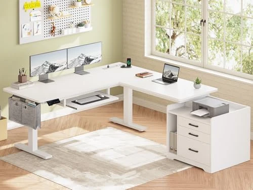 L Shaped Electric Standing Desk with File Cabinet — Standing Desk, SEDETA