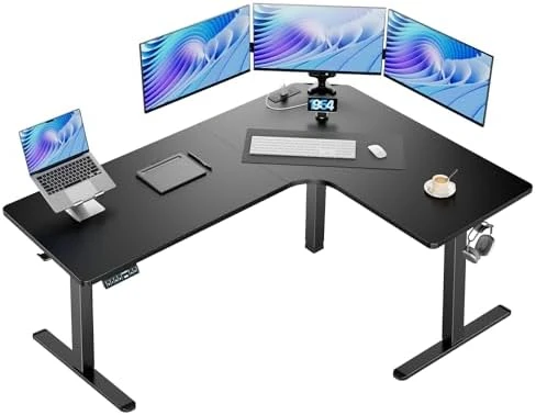 L-Shaped Standing Desk with Power Outlets — Standing Desk, HUANUO
