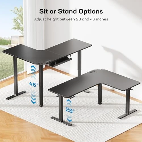 L-Shaped Standing Desk with Power Outlets — Standing Desk, HUANUO