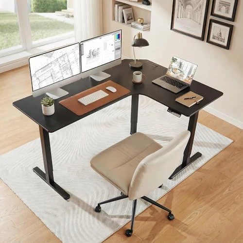 L-Shaped Standing Desk with Power Outlets — Standing Desk, HUANUO