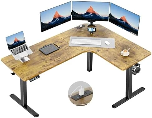 L-Shaped Standing Desk with Power Outlets — Standing Desk, HUANUO
