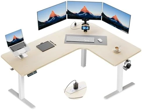 L-Shaped Standing Desk with Power Outlets — Standing Desk, HUANUO