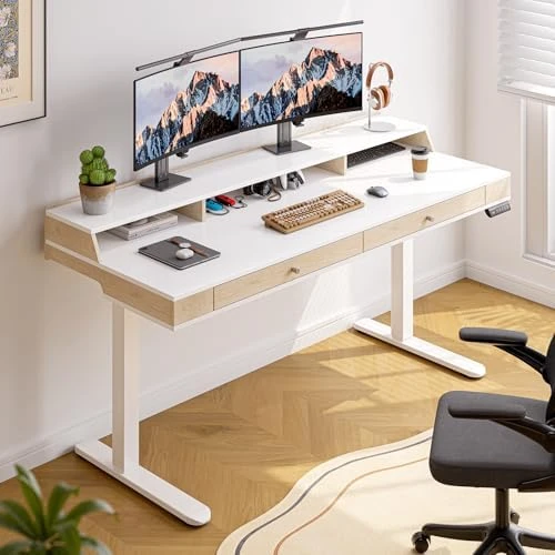 Standing Desk with Drawers, 63x23.6 Inch Electric Stand Up Desk with Storage Shelf and Memory Controller — Standing Desk, ONBRILL