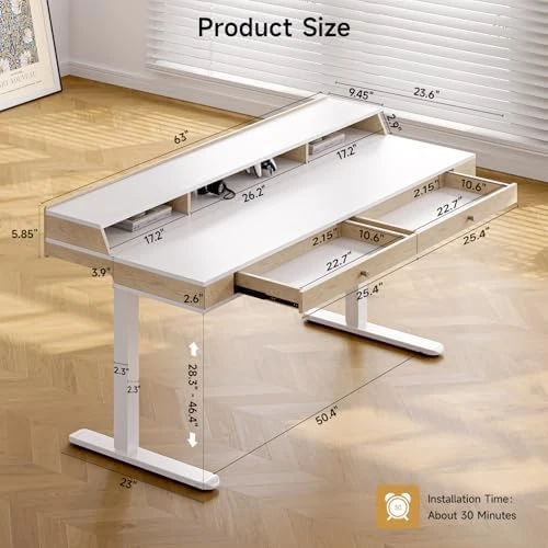 Standing Desk with Drawers, 63x23.6 Inch Electric Stand Up Desk with Storage Shelf and Memory Controller — Standing Desk, ONBRILL