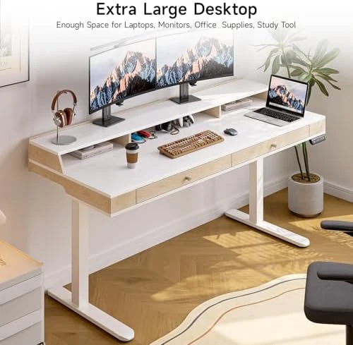 Standing Desk with Drawers, 63x23.6 Inch Electric Stand Up Desk with Storage Shelf and Memory Controller — Standing Desk, ONBRILL