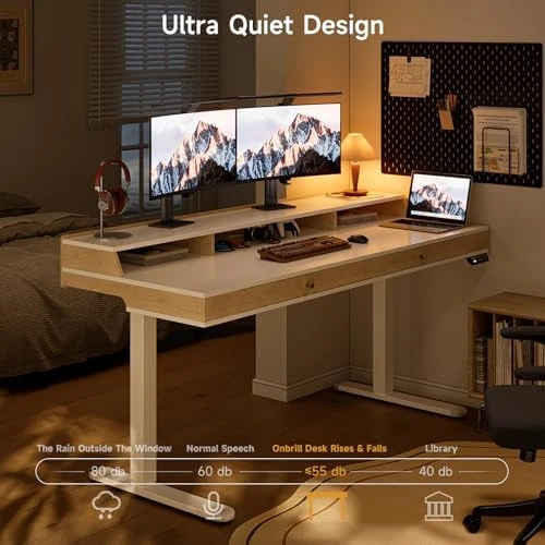 Standing Desk with Drawers, 63x23.6 Inch Electric Stand Up Desk with Storage Shelf and Memory Controller — Standing Desk, ONBRILL