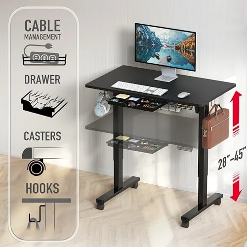 40-Inch Mobile Electric Height Adjustable Sit to Stand Desk with Drawer, Hanging Hooks and Cable Management — Standing Desk, SHW