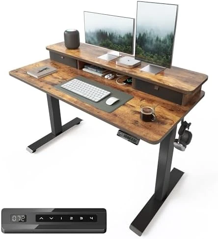 48 x 24 Inch Height Adjustable Electric Standing Desk with Double Drawer and Storage Shelf — Standing Desk, FEZIBO