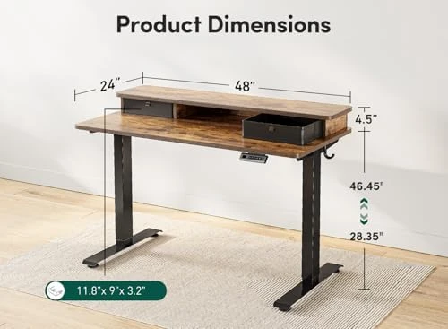 48 x 24 Inch Height Adjustable Electric Standing Desk with Double Drawer and Storage Shelf — Standing Desk, FEZIBO