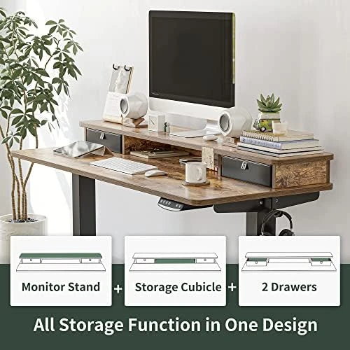 48 x 24 Inch Height Adjustable Electric Standing Desk with Double Drawer and Storage Shelf — Standing Desk, FEZIBO