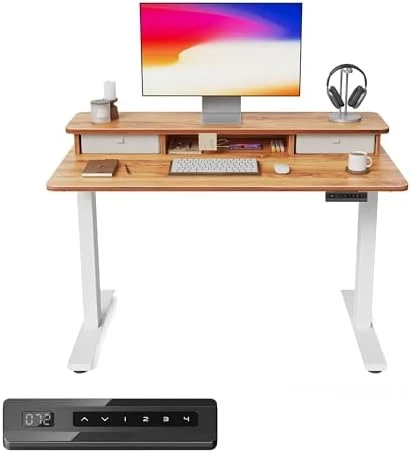 48 x 24 Inch Height Adjustable Electric Standing Desk with Double Drawer and Storage Shelf — Standing Desk, FEZIBO