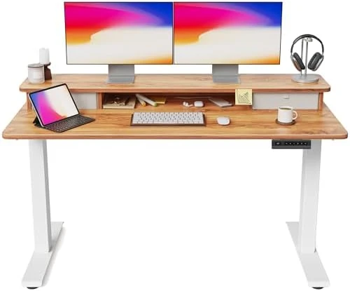 48 x 24 Inch Height Adjustable Electric Standing Desk with Double Drawer and Storage Shelf — Standing Desk, FEZIBO