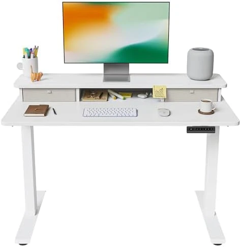 48 x 24 Inch Height Adjustable Electric Standing Desk with Double Drawer and Storage Shelf — Standing Desk, FEZIBO