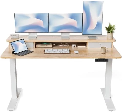 48 x 24 Inch Height Adjustable Electric Standing Desk with Double Drawer and Storage Shelf — Standing Desk, FEZIBO