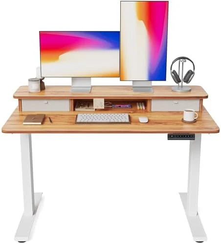 48 x 24 Inch Height Adjustable Electric Standing Desk with Double Drawer and Storage Shelf — Standing Desk, FEZIBO