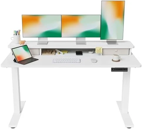 48 x 24 Inch Height Adjustable Electric Standing Desk with Double Drawer and Storage Shelf — Standing Desk, FEZIBO