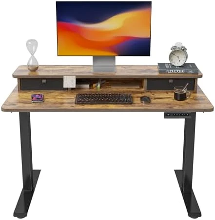 48 x 24 Inch Height Adjustable Electric Standing Desk with Double Drawer and Storage Shelf — Standing Desk, FEZIBO