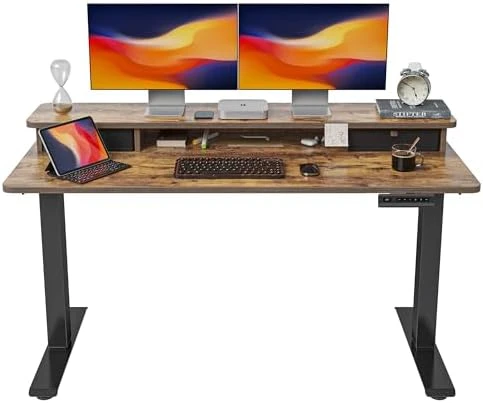 48 x 24 Inch Height Adjustable Electric Standing Desk with Double Drawer and Storage Shelf — Standing Desk, FEZIBO